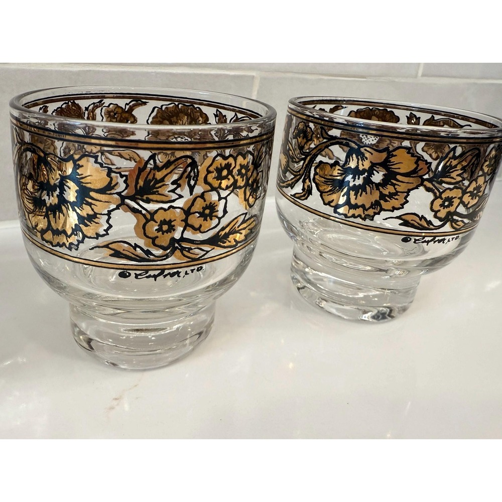 Vintage MCM Culver Gold and Black 22k Gold Barware Cocktail Glasses (6)‎